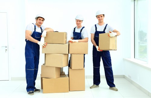 Packing cartons and labels prepared for a move in Tooting